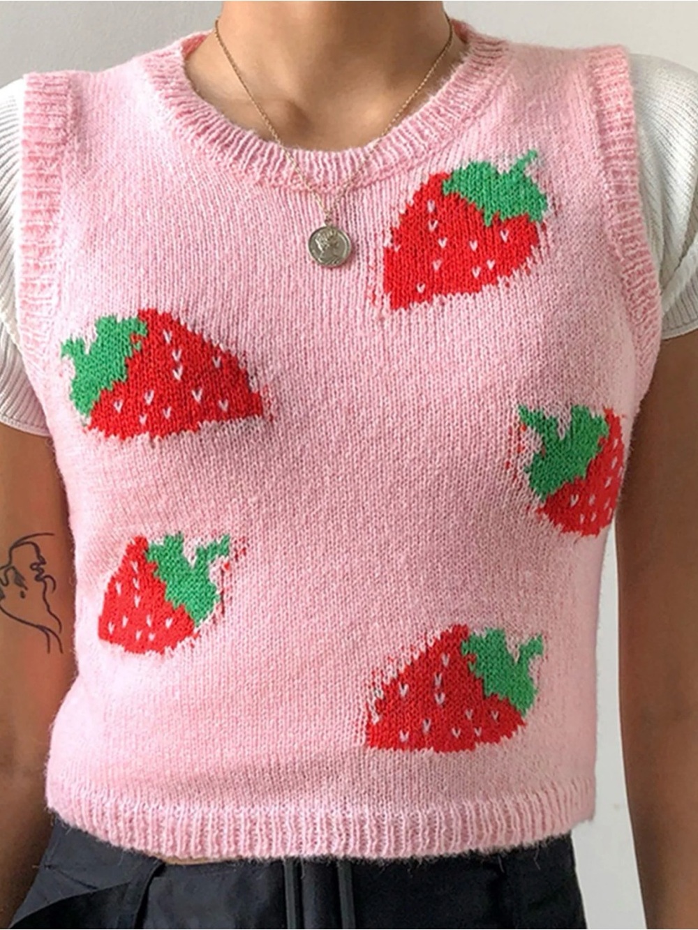 Pink Strawberry Knit Sleeveless Sweater Vest